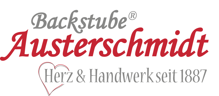 Logo mit dem Schriftzug Backstube Austerschmidt in unterschiedlichen Schriftarten und Farben, darunter der Slogan Herz & Handwerk seit 1887 mit einem roten Herzsymbol